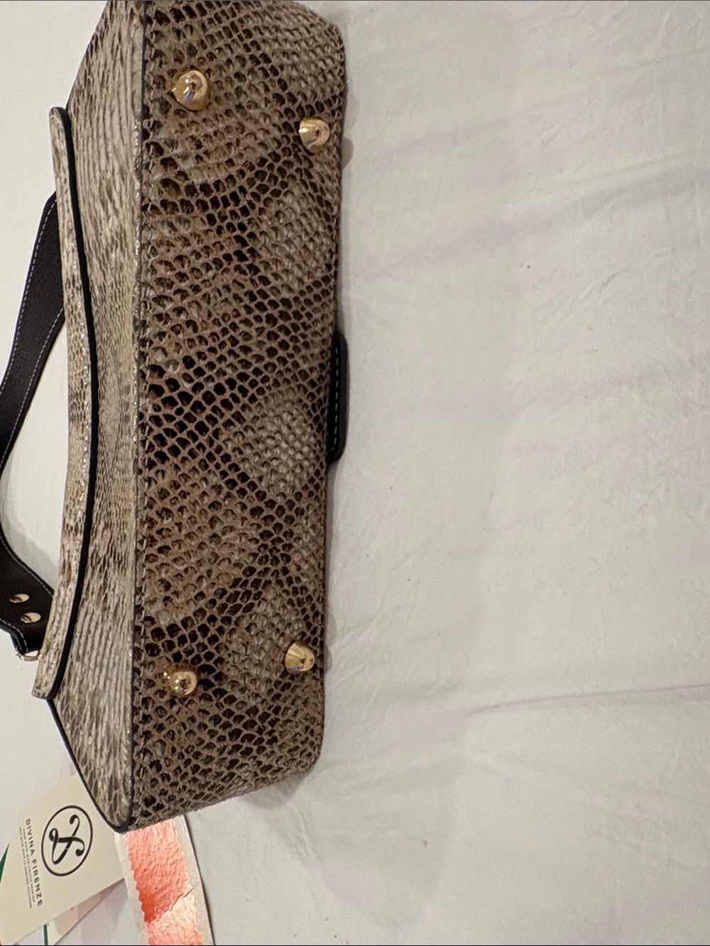 Snake-Embossed Shoulder Bag in Cream and Brown with Gold Hardware - Picture 7 of 8